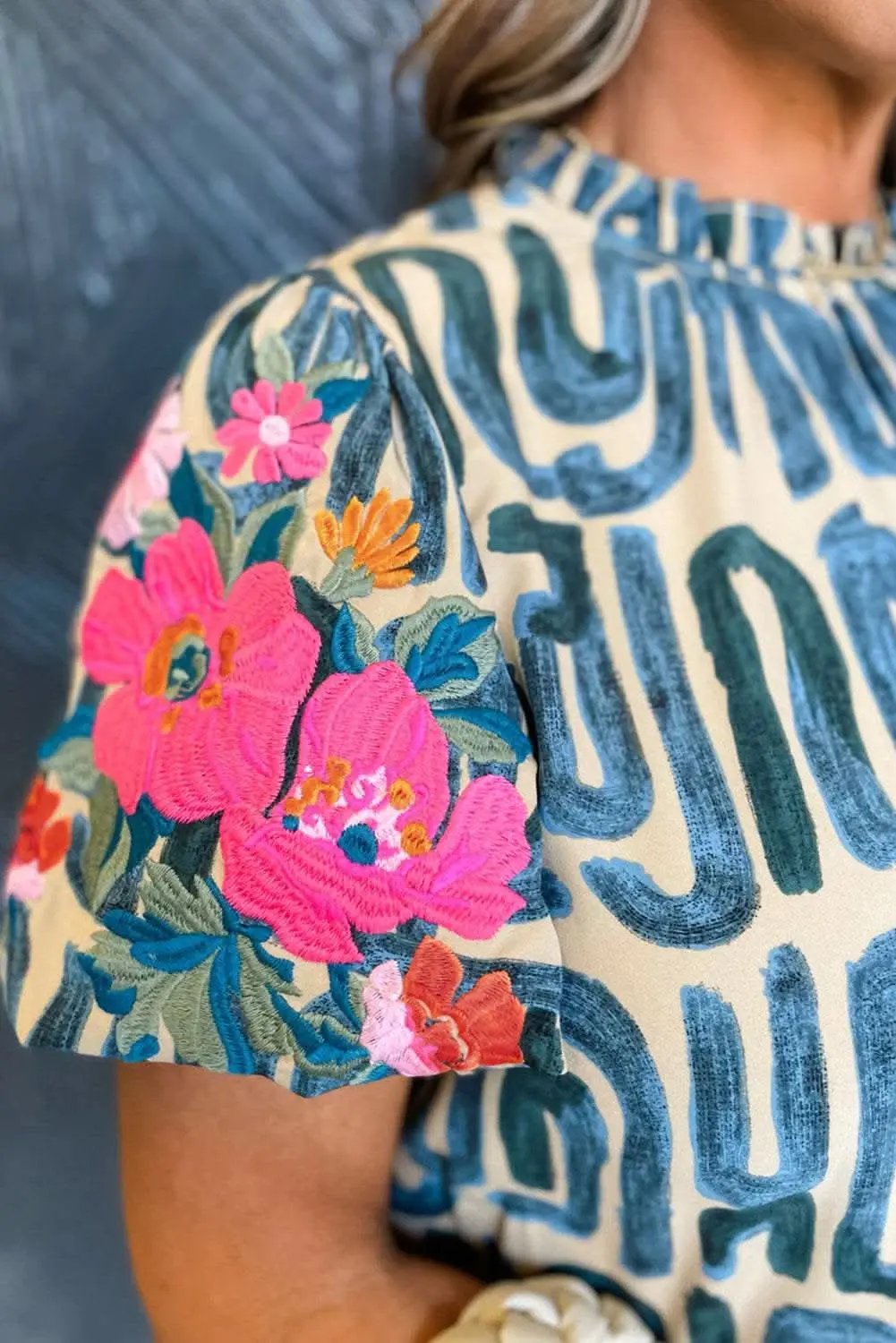 Beige Embroidered Puff Sleeve Frilled Neck Printed Top - Love Salve